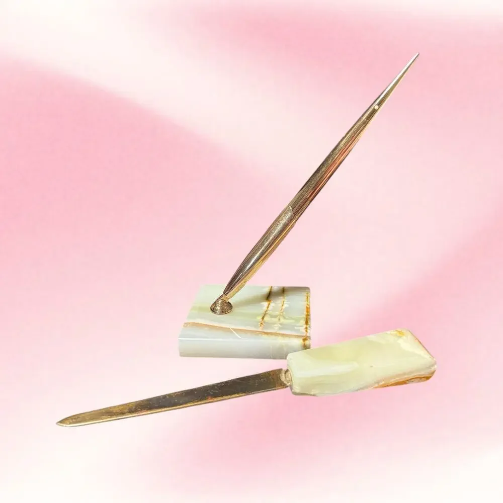 Vintage Sheaffer White Dot 14K Nib Fountain Pen Marble Desk Set Letter Opener